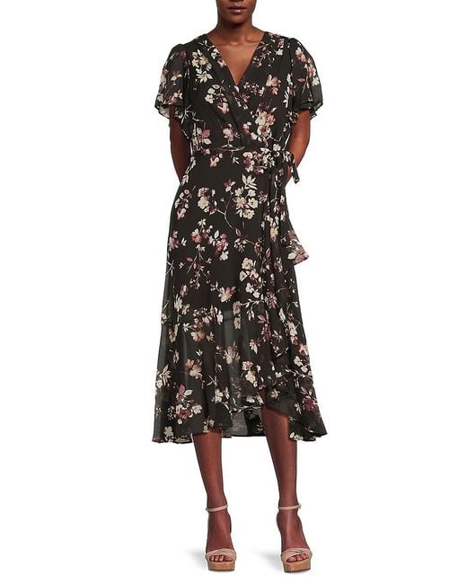 DKNY Black Floral Crinkled Chiffon Wrap Midi-Dress