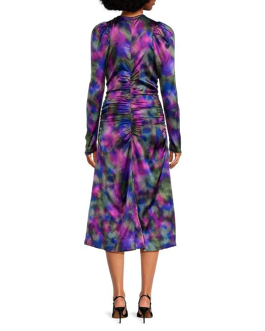 Ganni Purple Print Ruched Silk Blend Midi Dress
