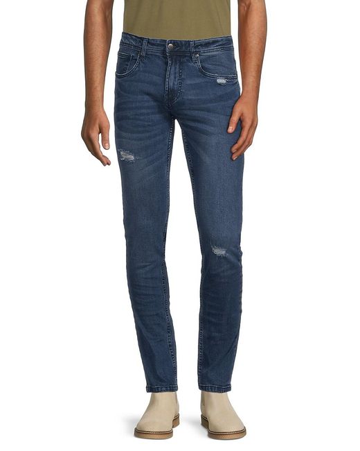 Class Roberto Cavalli Blue Mid Rise Distressed & Whiskered Jeans for men