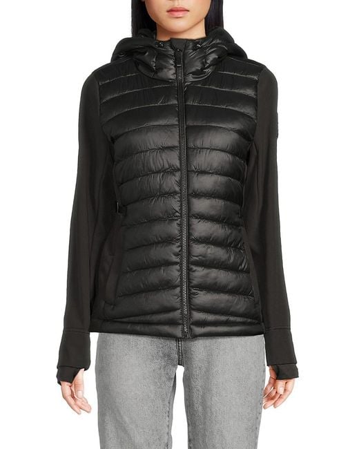 DKNY Black Mixed Media Hooded Puffer Jacket