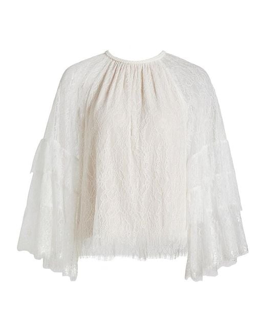 Alice + Olivia White Delia Lace Ruffle Top
