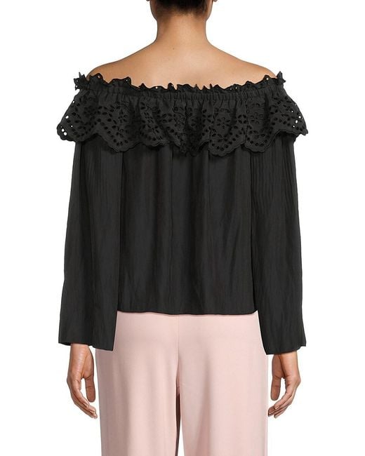 Ramy Brook Black Off-The-Shoulder Eyelet Ruffle Top