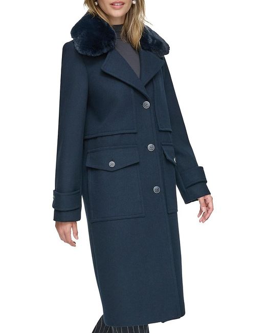 Andrew Marc Natural Olpae Faux Fur Collar Wool Blend Trench Coat