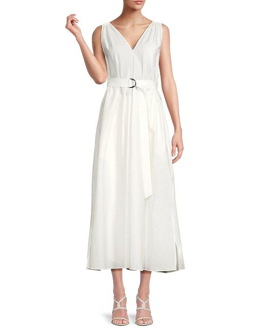 Brunello Cucinelli White Belted A-Line Silk Blend Maxi Dress