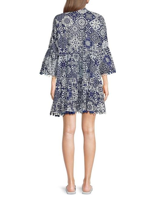 La Moda Clothing Blue Printed Cotton Mini Cover Up Dress