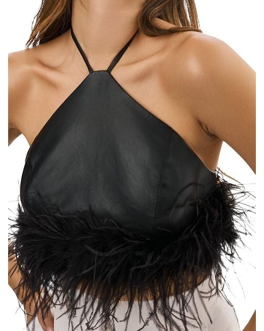 Lamarque Black Aissa Feather Trim Leather Crop Top