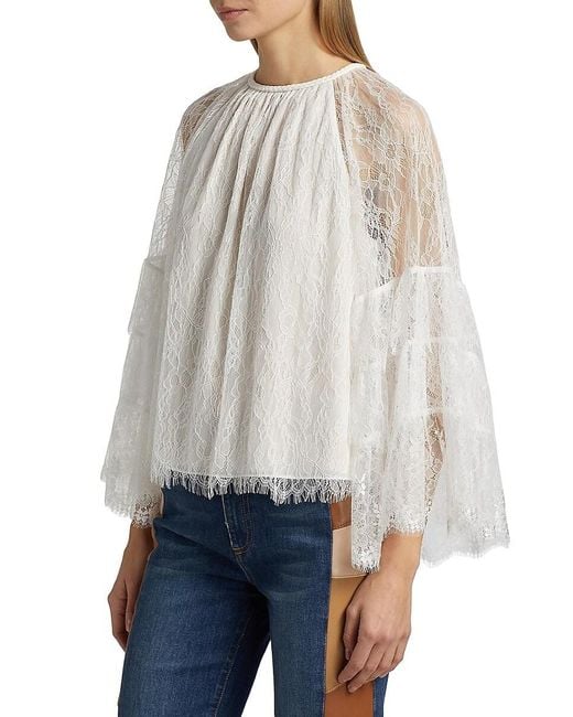 Alice + Olivia White Delia Lace Ruffle Top
