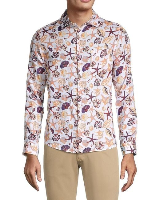 Saks Fifth Avenue Mixedprint Linen Shirt in White for Men Lyst Canada