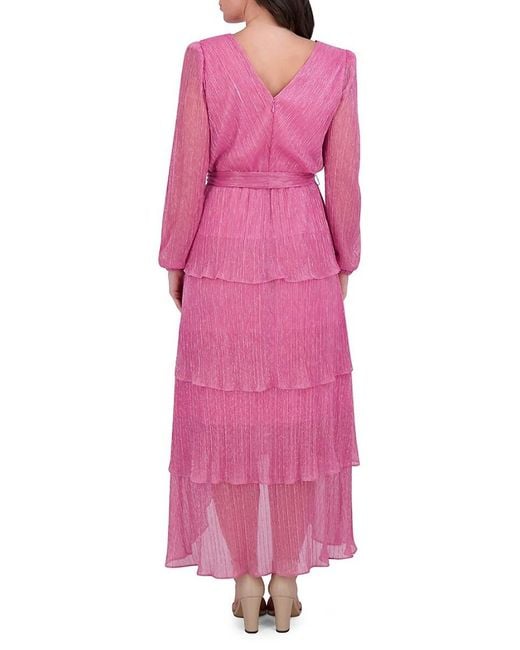 Kensie Pink Metallic Pleated Tiered Midi-Dress