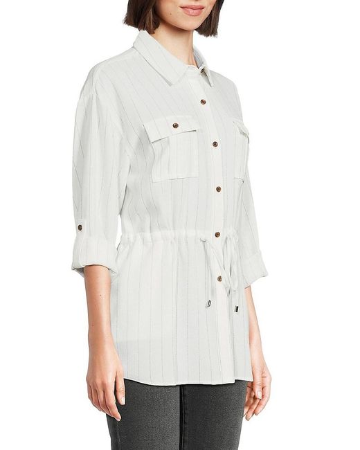 Calvin Klein White Striped Cinched Waist Shirt