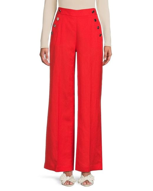 Karl Lagerfeld Red Button Detail Linen Blend Pants