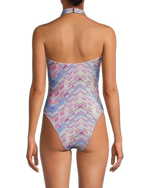 Ramy Brook Blue Sidney Abstract Halter One-Piece Swimsuit