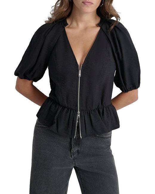 DKNY Black Short-Sleeve Zip-Front Crinkled Top