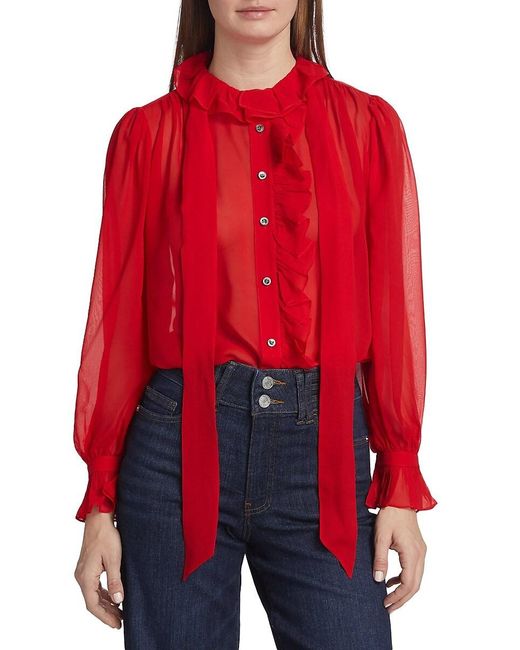 red ruffle front blouse