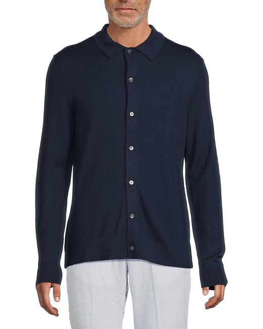 Saks Fifth Avenue Blue Merino Button-Front Wool-Blend Polo Sweater for men
