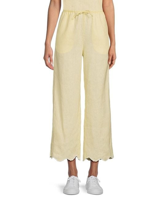 Saks Fifth Avenue Yellow Linen Drawstring Scallop-Hem Wide-Leg Crop Pants