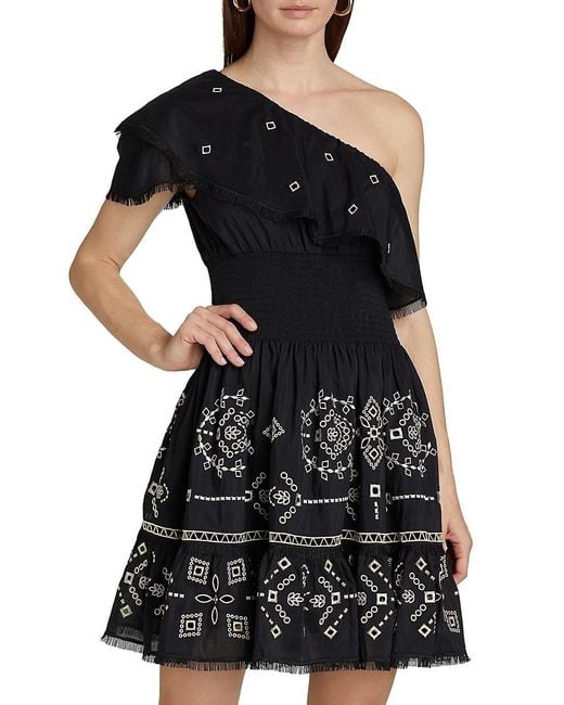 Kobi Halperin Black Brooklyn Embroidered One-Shoulder Minidress