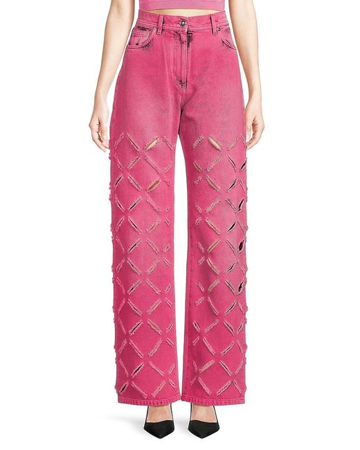 Versace Pink High Rise Slashed Wide Leg Jeans