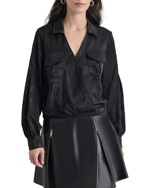DKNY Black Long-Sleeve Wrap Shirt With Cargo Pockets