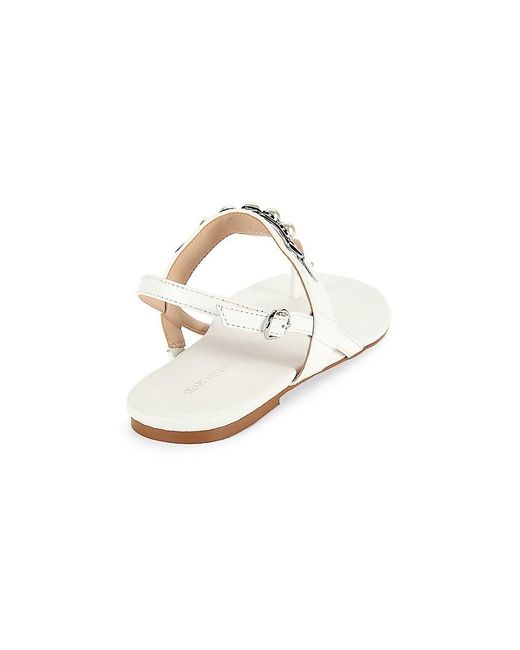 Stuart Weitzman White Embellished Leather T-strap Flat Sandals