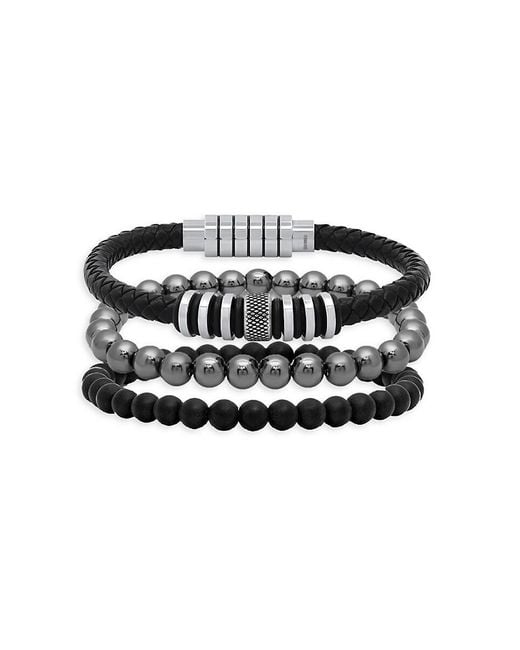 Anthony Jacobs Black 3-piece Leather, Stainless Steel & Hematite Bracelet Set for men