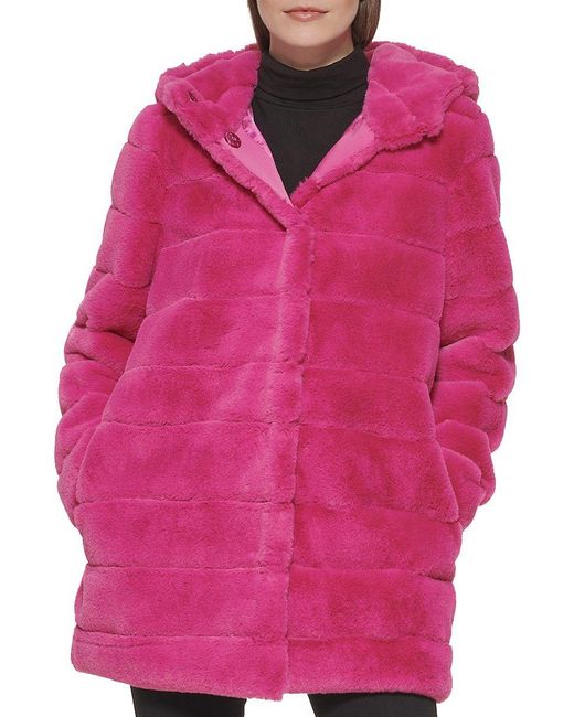Kenneth Cole Channel Quilted Faux Fur Coat in Pink | Lyst