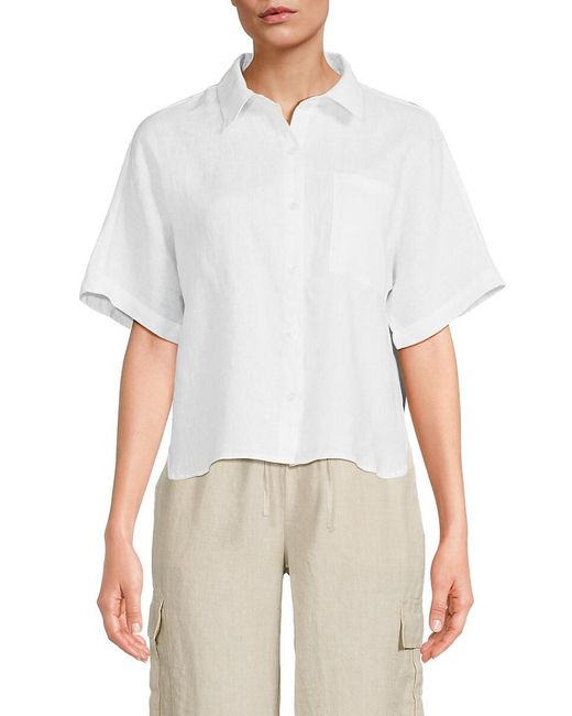 Saks Fifth Avenue White Short Sleeve 100% Linen Shirt