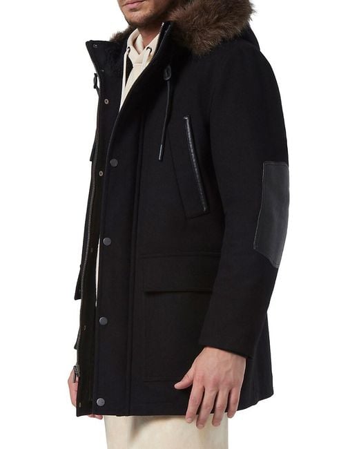 Andrew Marc Black Wool Blend Parka with Faux Fur for men