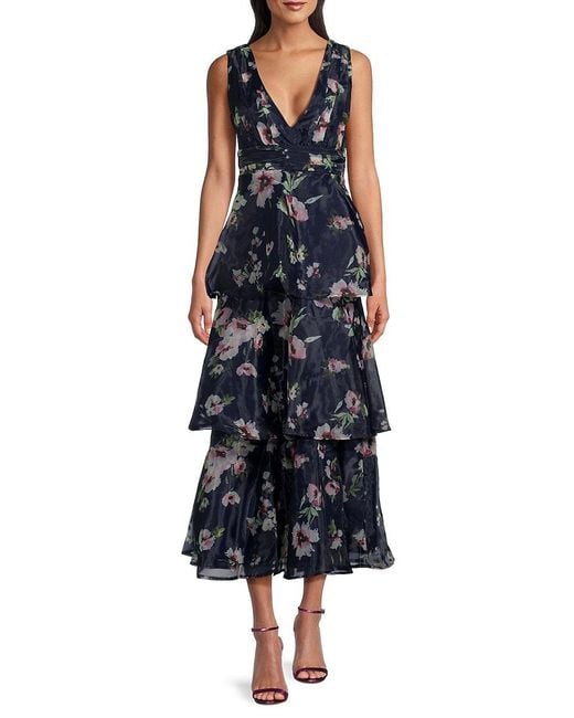 Lulus Blue Molinetto Floral Tiered Empire Midi Dress