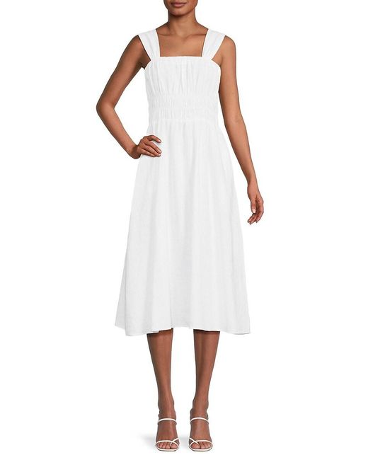 Saks Fifth Avenue White Smocked 100% Linen Midi Dress