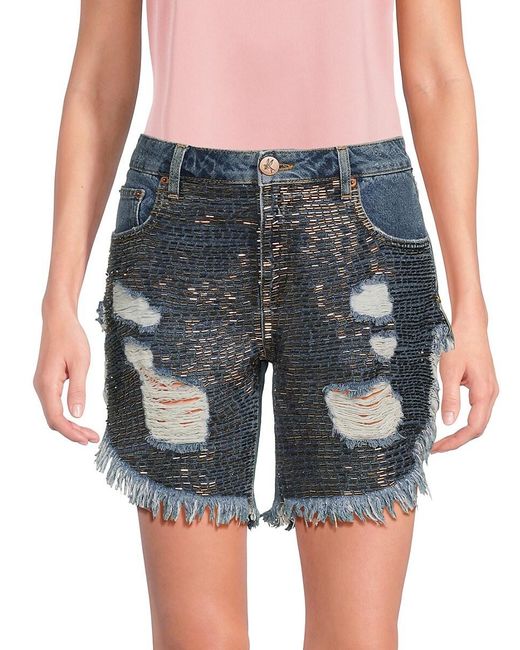 One Teaspoon Blue Franki Embellished Distressed Denim Shorts