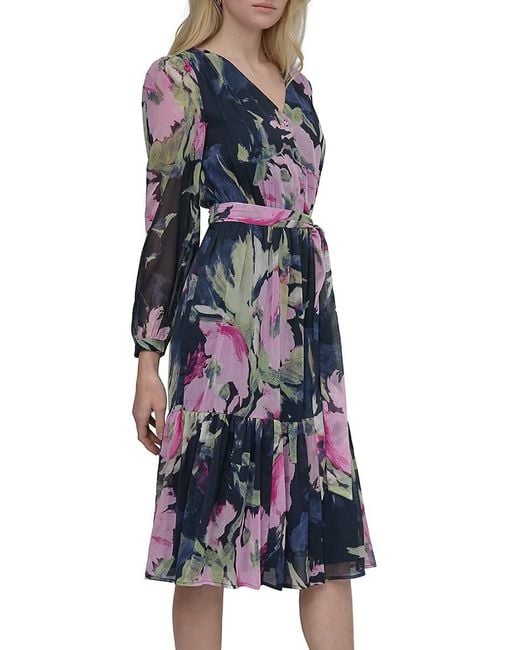 DKNY Blue Long Puff Sleeve Midi-Dress