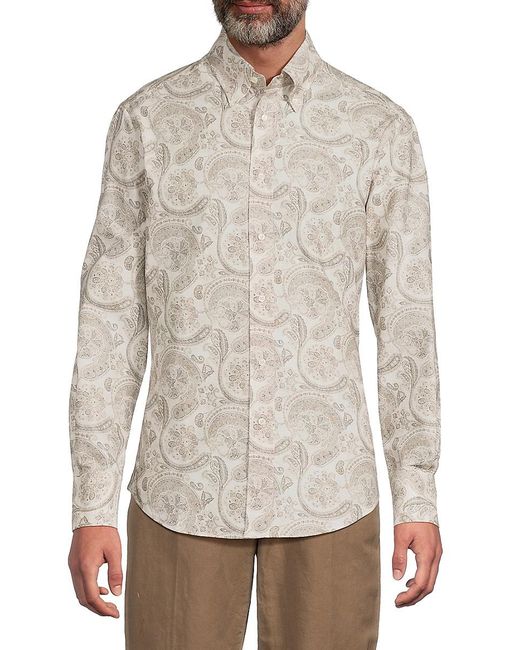 Brunello Cucinelli White Paisley Cotton Button-Front Shirt for men