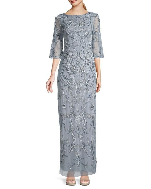 Aidan Mattox Blue Beaded Boatneck Gown