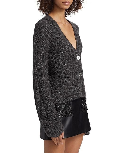 Ramy Brook Black Cornelius Metallic Rib-Knit V-Neck Cardigan