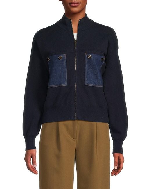 Nanette Lepore Blue Denim-Pocket Zip Cardigan