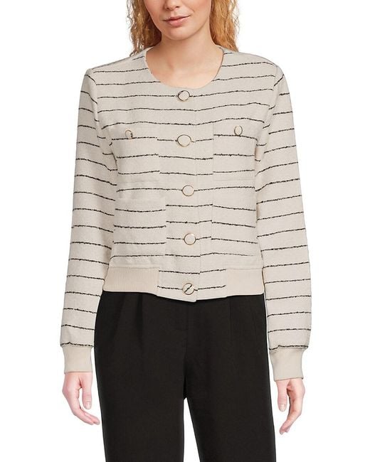Laundry by Shelli Segal Gray Striped Bomber-Style Knit Jacket