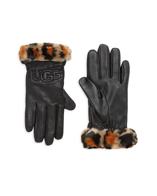 Ugg Black Logo Leather & Faux Fur Cuff Gloves