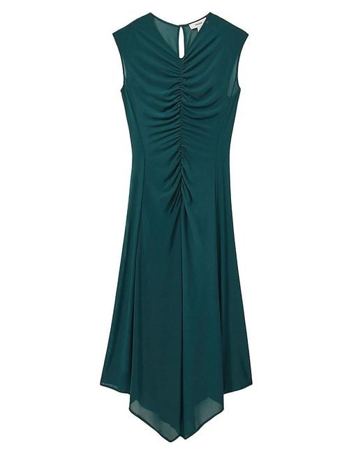 Reiss Green Lyra Ruched Mesh Midi-Dress
