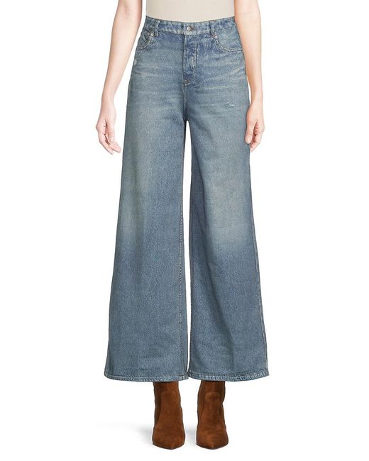Ecru Blue Denim-Print Wide-Leg Sweatpants