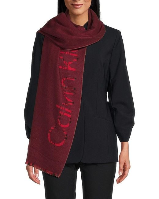 Calvin Klein Red Frayed Logo Lettering Scarf