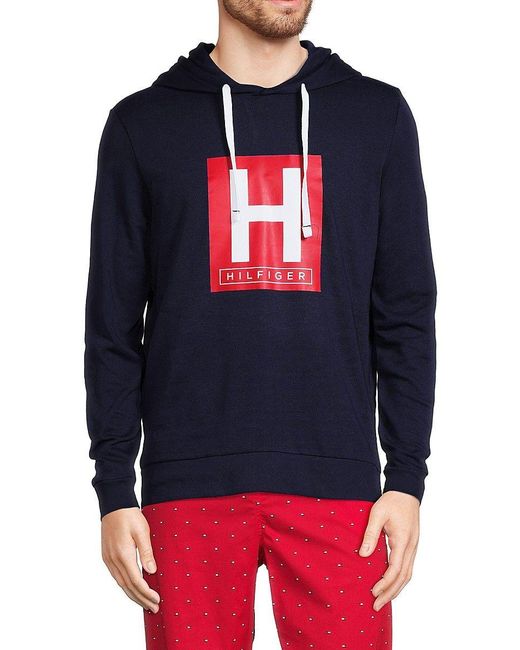 Tommy Hilfiger Logo Fleece Hoodie in Blue for Men | Lyst