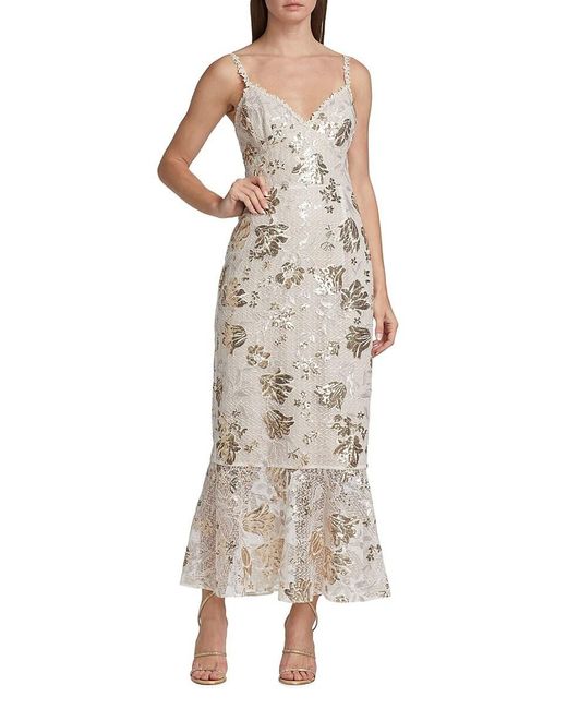 Marchesa Natural Floral Sequin Gown