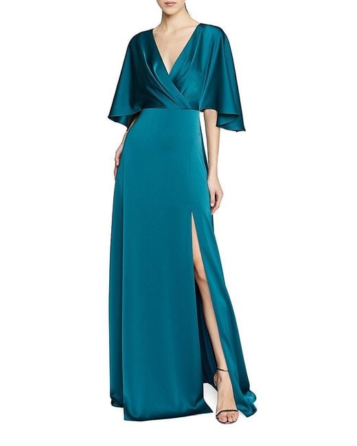 THEIA Blue Waverly Satin Flutter-Sleeve Gown