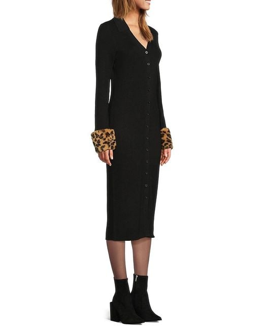 Saks Fifth Avenue Black Ribbed Faux-Fur Trim Midi-Sweater Dress