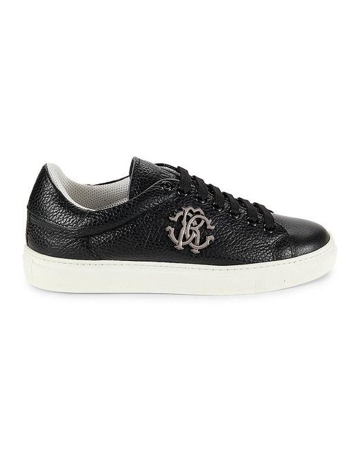 Roberto Cavalli Black Logo Textured Leather Low Top Sneakers