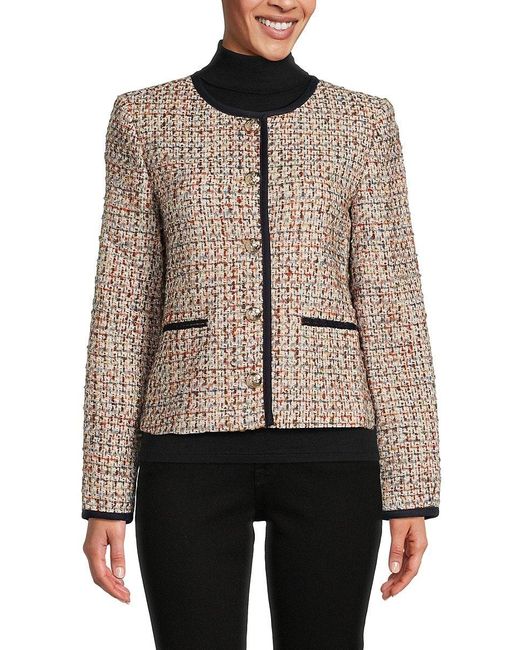 Elie Tahari Wool Blend Collarless Tweed Blazer in Natural | Lyst