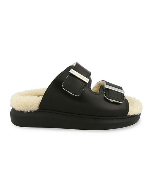 Alexander McQueen Black Leather Faux Fur Lined Flat Sandals