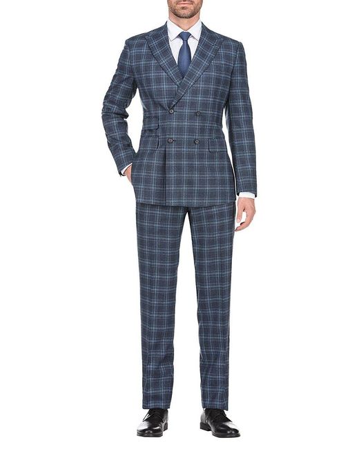 English Laundry Blue Double Breasted Plaid Wool Blend Suit for men