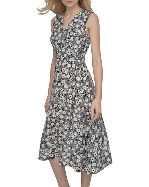 DKNY White Floral Faux Wrap Midi-Dress